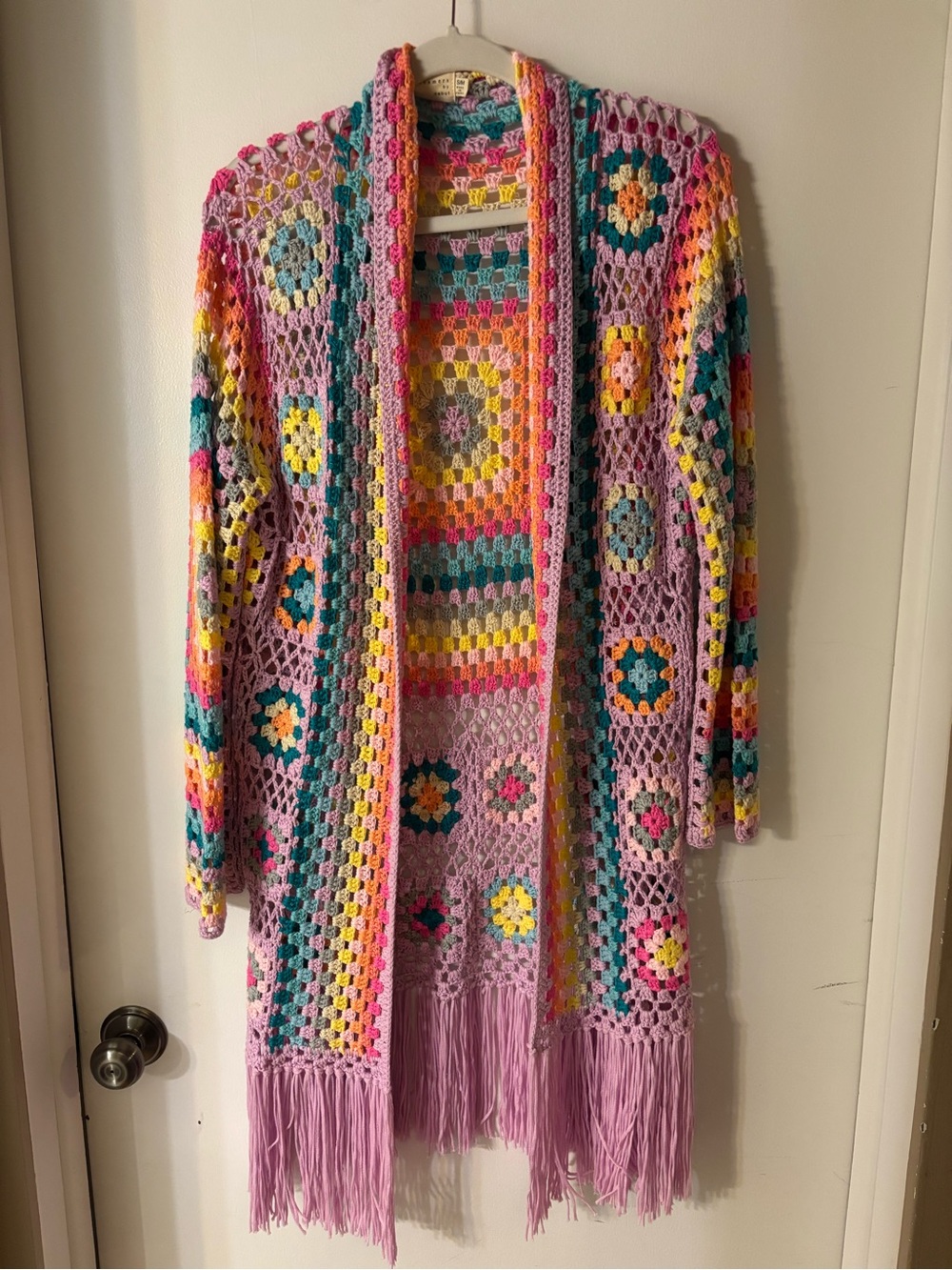 Boutique Crochet Open Cardigan Sweater in Lavender Multi